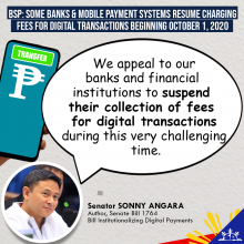 Angara calls for extension of waiver on fees for digital transactions of banks and mobile payment services